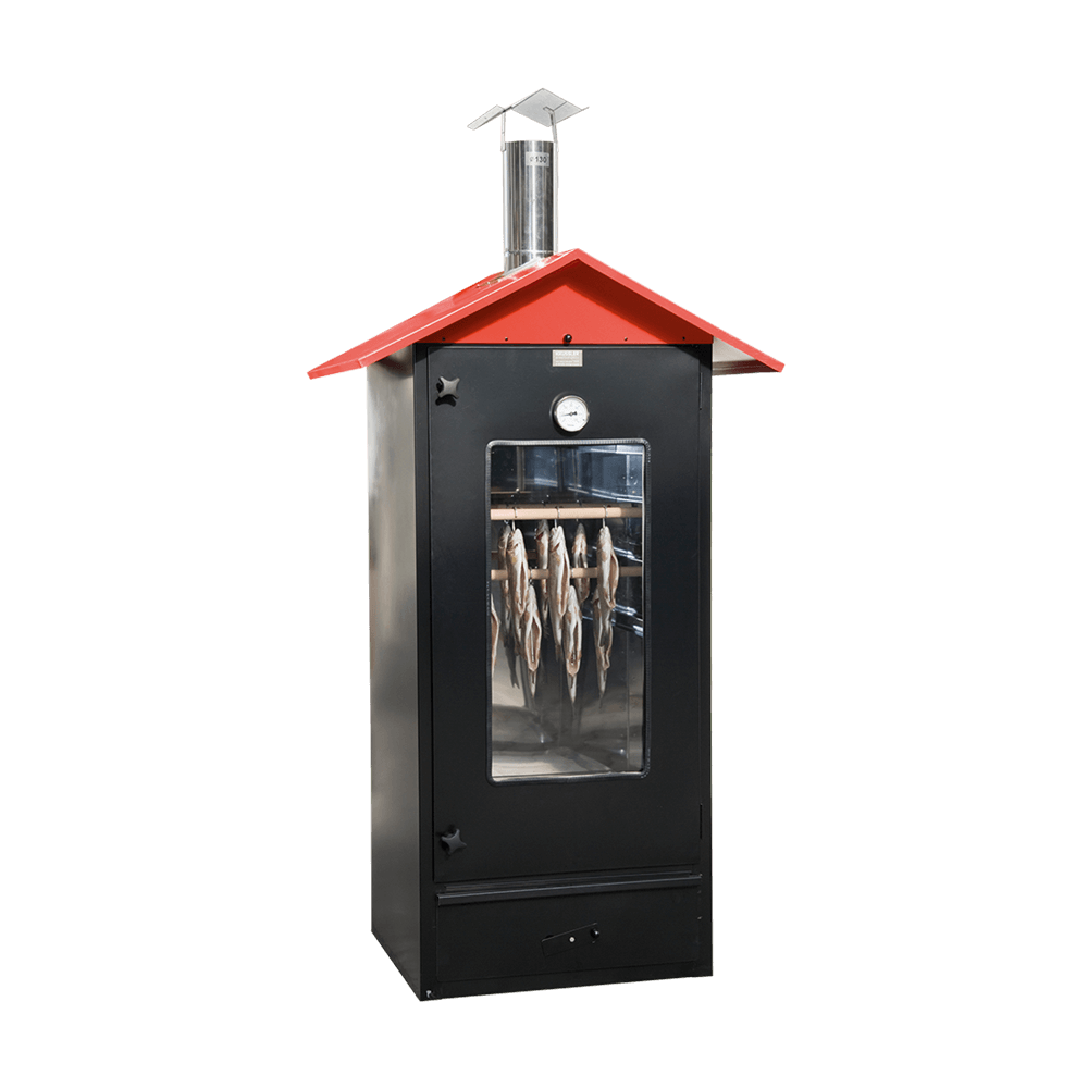 Rauchhaus Edelstahl schwarz Rauchhaus mit rotem Dach. Im Rauchhaus hängen geräucherte Fische, ohne Hintergrund.