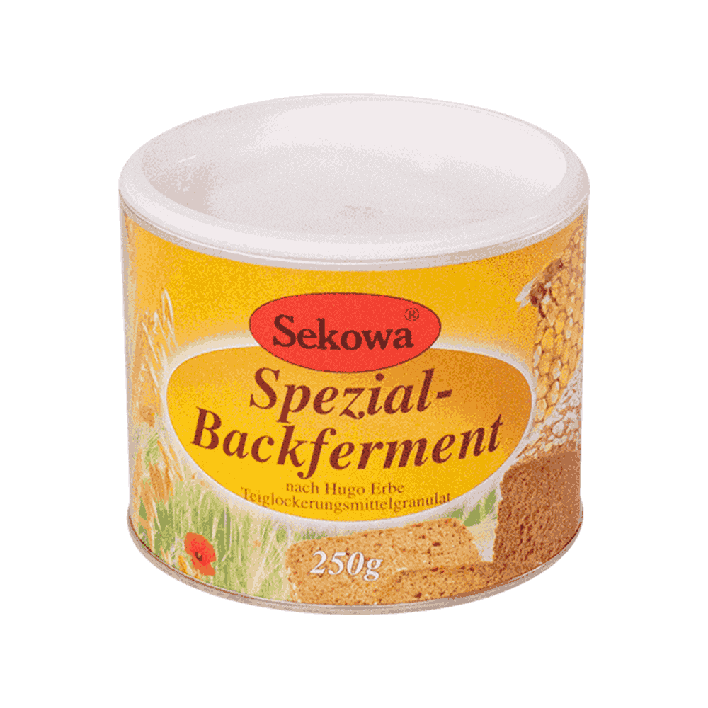 Dose mit buntem Aufdruck aufdem Blumen, Bienen, Honigwaben und Brot zu sehen ist. In der Dose sind 250 Gramm Spezial Backferment enthalten
