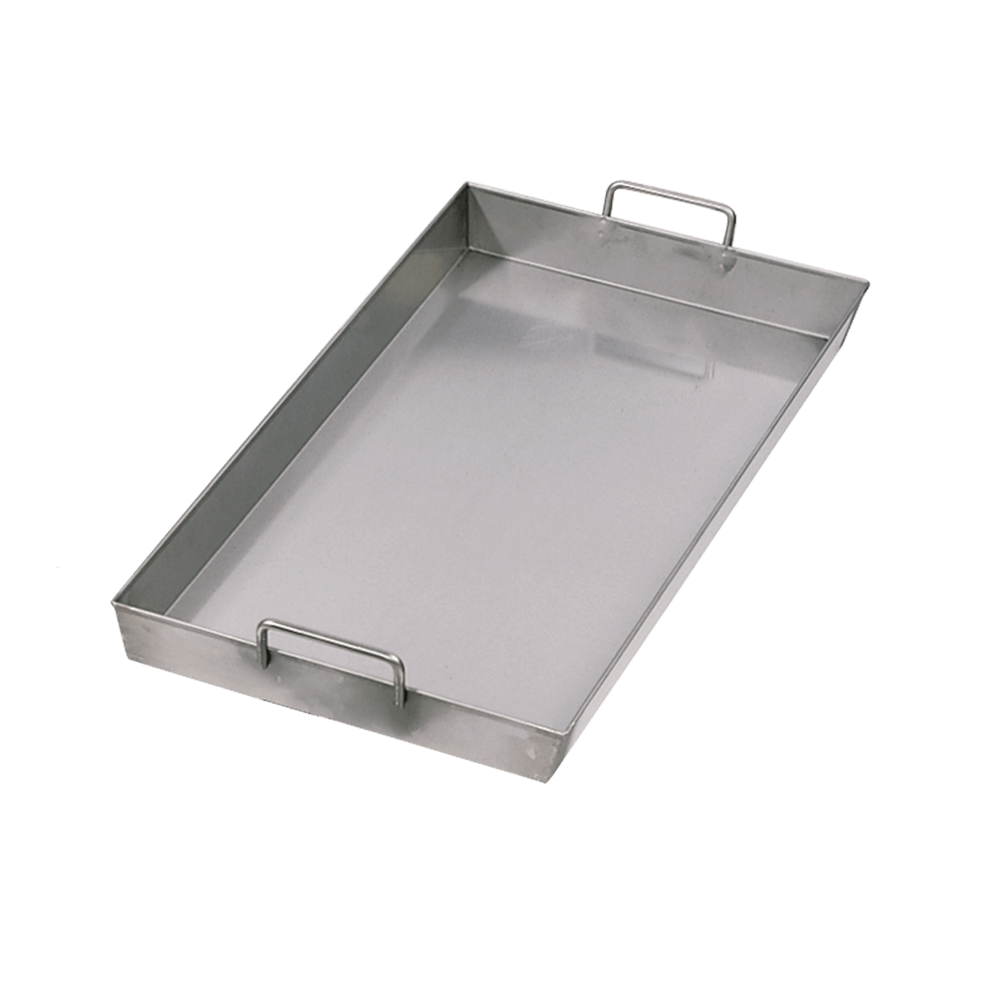 Bräter ideal für Familienfeste oder Backpartys Das Bild zeigt einen rechteckigen Bräter aus Edelstahl mit einer schlichten, funktionalen Optik. Der Bräter hat eine glatte, glänzende Oberfläche und ist mit zwei stabilen, hochstehenden Griffen an den kurzen Seiten ausgestattet.