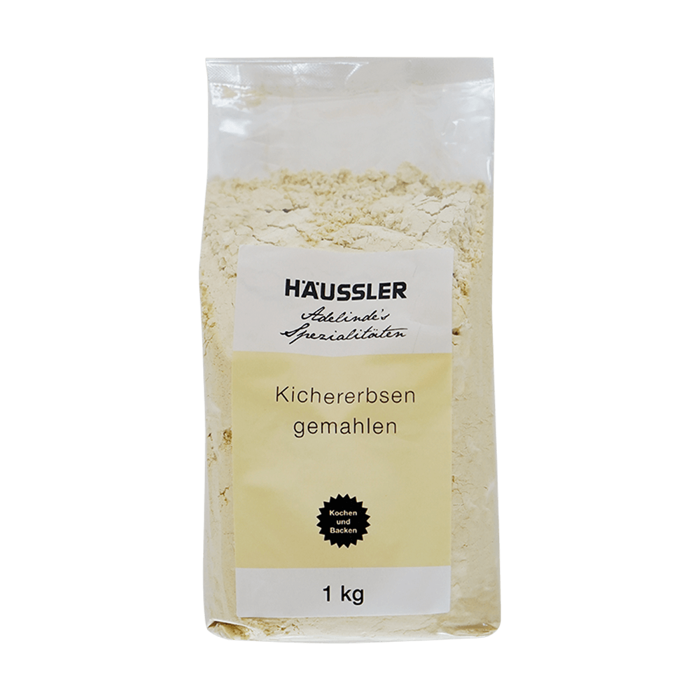 gemahlene Kichererbsen gemahlene Kichererbsen in einer durchsichtigen 1kg Packung mit einem gelb-weißen Etikett