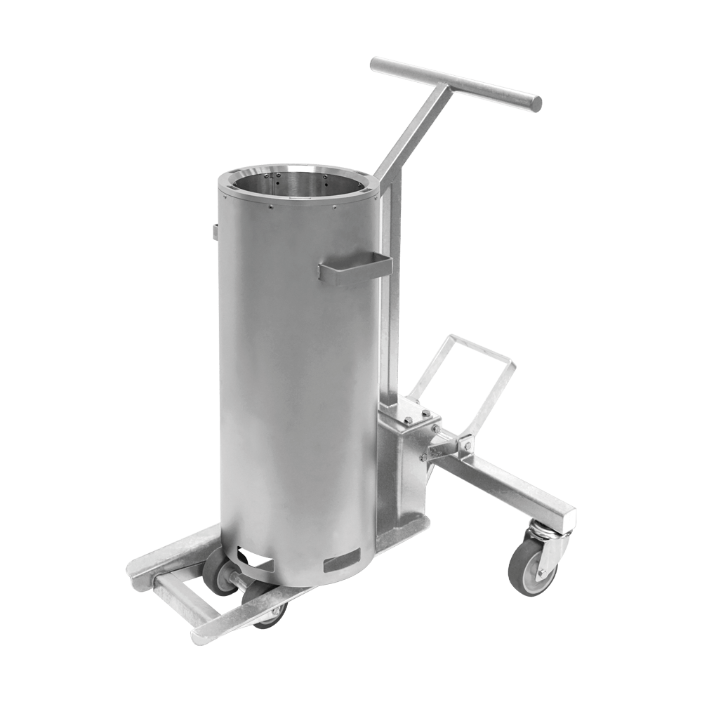 Auf dem Bild befindet sich ein aus Metall bestehender Transportwagen mit Rollen und Schiebegriff. Auf dem Wagen steht eine Grillkassette eines Terrassenstrahlers.