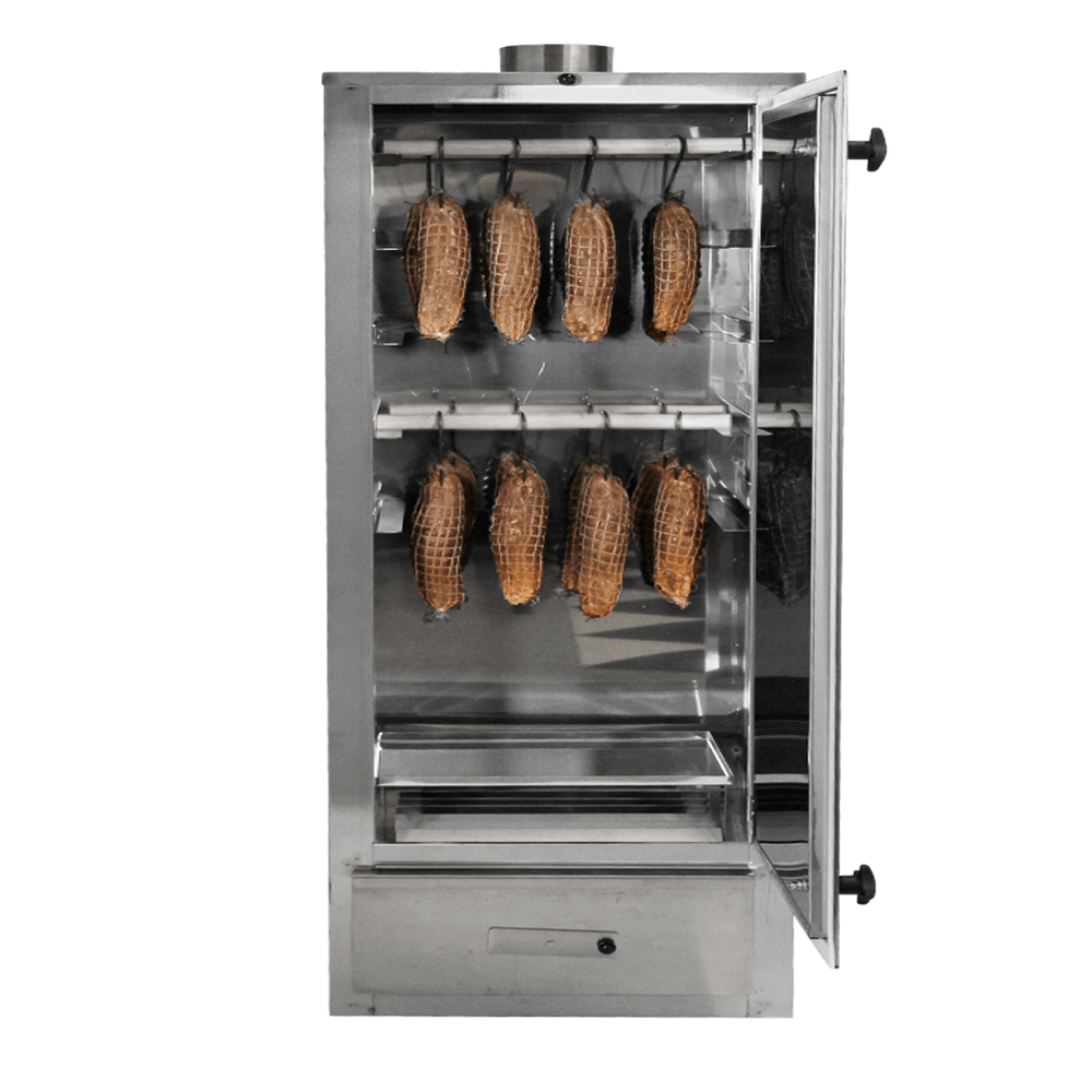 Heißräucherschrank FS2/70 Räucherschrank FS2/70 mit offener Tür, innen ist Fleisch im Räuchernetz