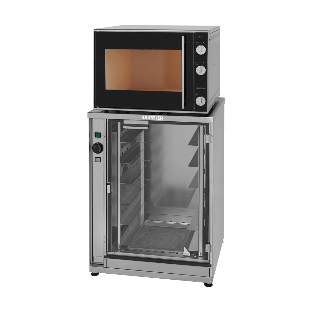 Gärschrank HGS 36 Gärschrank aus Edelstahl mit Glastüre und Temperatureinstellung. Auf dem Gärschrank steht ein Elektrosteinbackofen MONO.