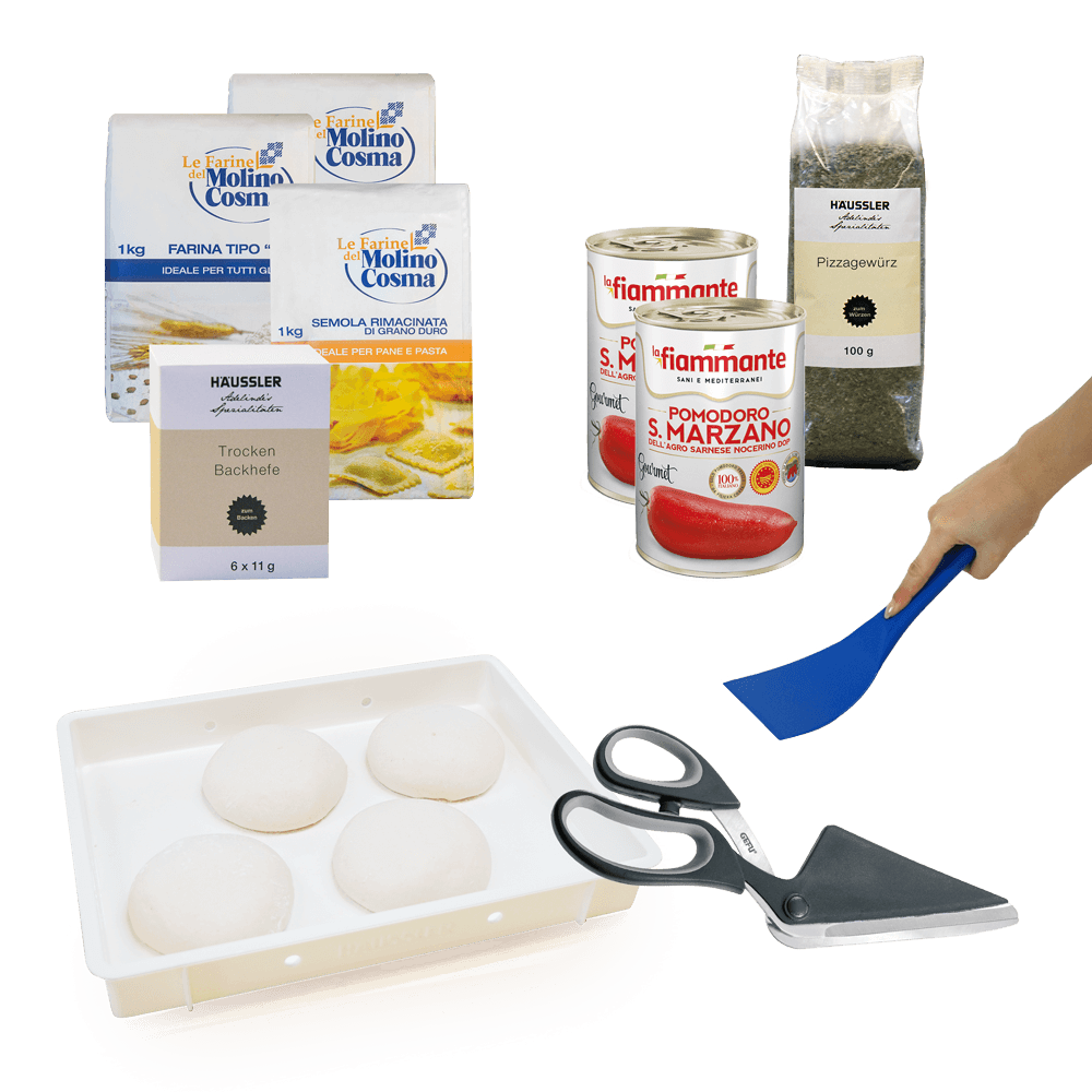 Pizza STarterset Alle Komponenten des Pizza Backsets in einer Collage nebeneinander.