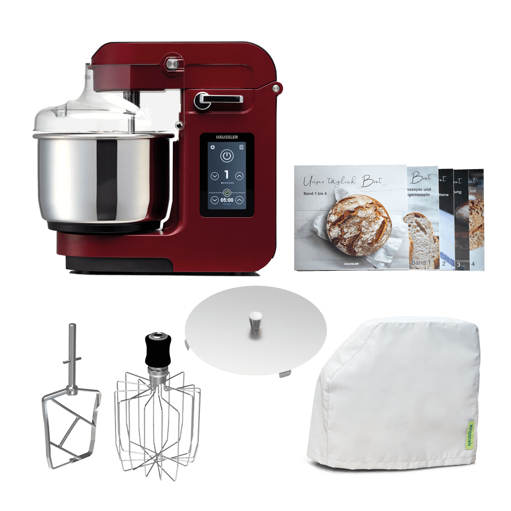 NOVA Teigknetmaschine in der Farbe weinrot mit dem gesamten Zubehör, welches mitgeliefert wird, ohne Hintergrund.