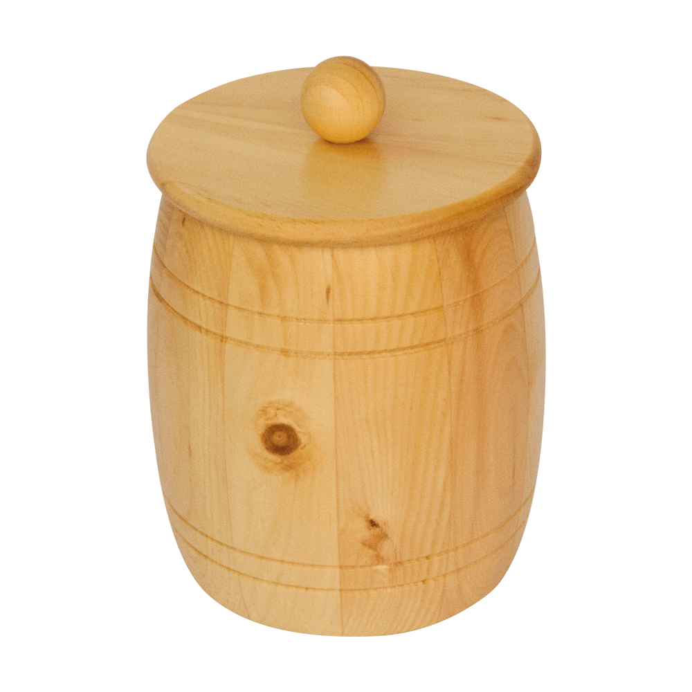 Besonders schönes Getreidefass, innen naturbelassen und außen mit Zirbenlack behandelt. Getreidefass mit Holzdeckel, ohne Hintergrund.
