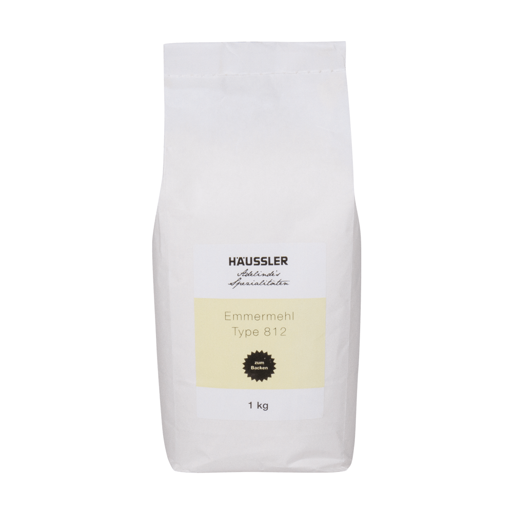 Weiße Verpackung mit gelbem Aufkleber - Emmermehl Type 812 1 kg