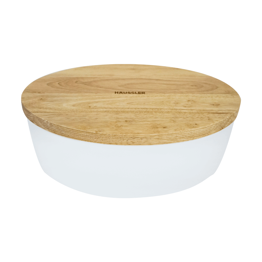 Brot und Gebäck noch länger frisch aufbewahren Weißer Brottopf mit Holzdeckel – Graviert mit „Häussler“