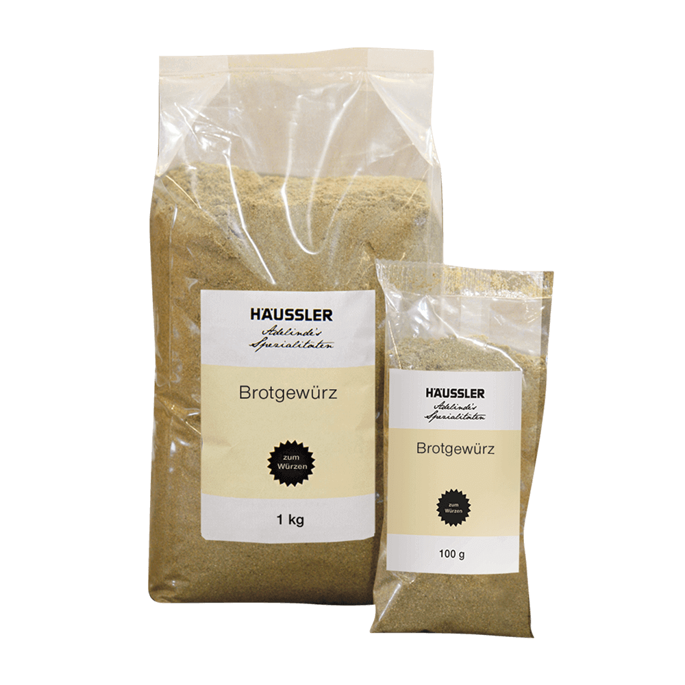 Brotgewürz Brotgewürz in einer 100g Packung und einer 1 kg Packung nebeneinander ohne Hintergrund.