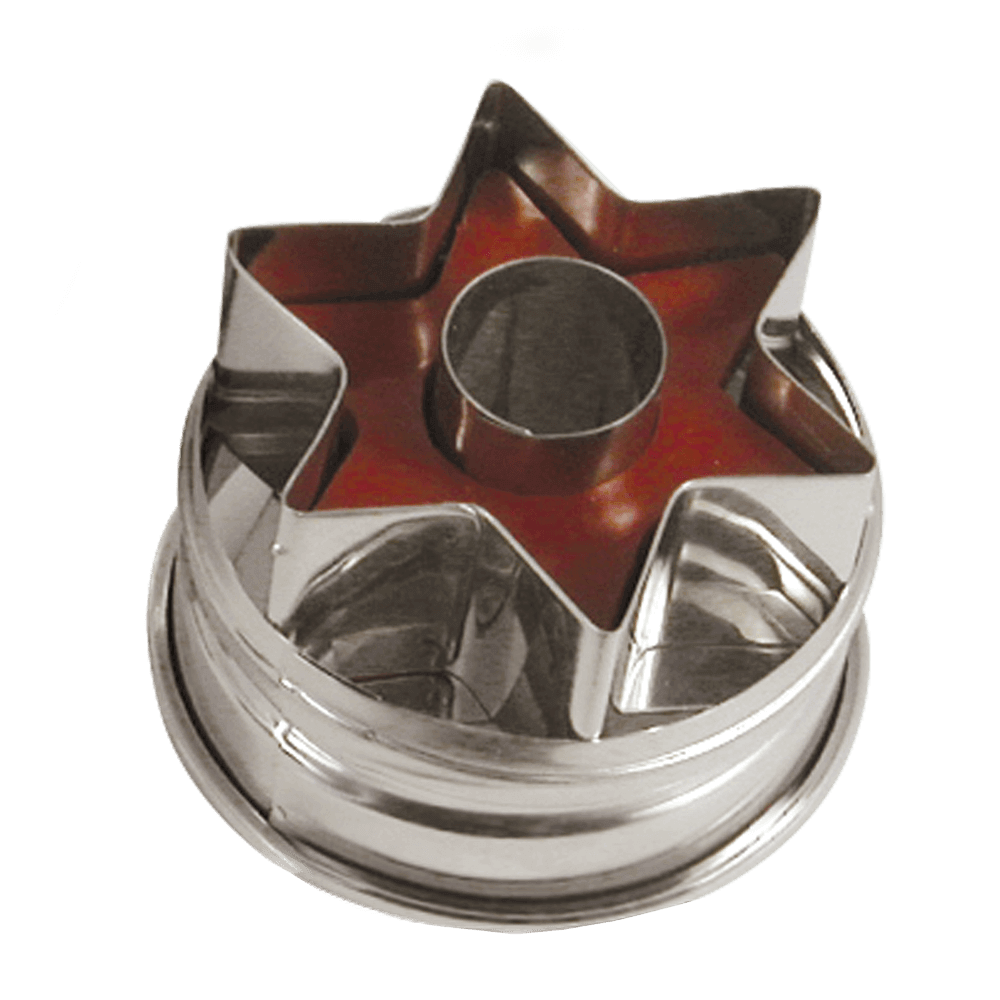 Linzer Ausstecherform: Stern zerlegbar Brezel Ausstecher aus Edelstahl der zerlegbar ist. Einmal für das Bodenplätzchen und einmal für das Deckelplätzchen mit Loch