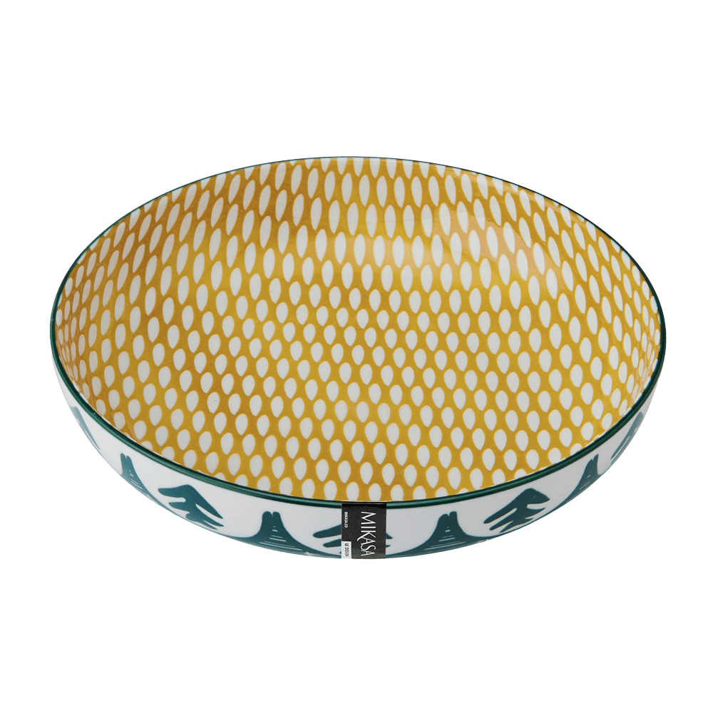 Pasta Bowl mit weiß gelbem Muster innen und weiß grünem Muster außen, ohne Hintergrund.