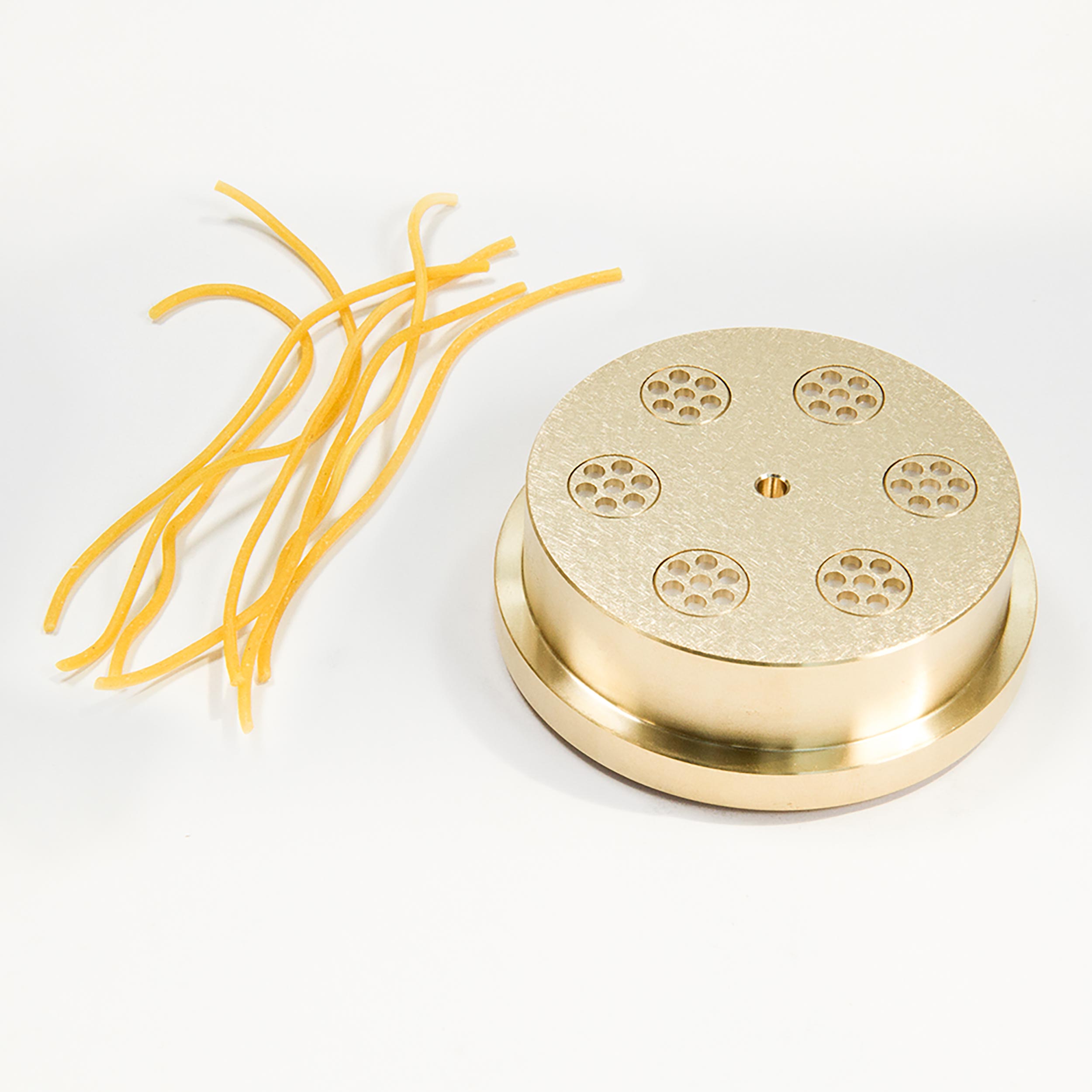 Matrize Nr. 4, Pasta 300 Matrize Spaghetti, Messingmatrize und Beispielnudeln