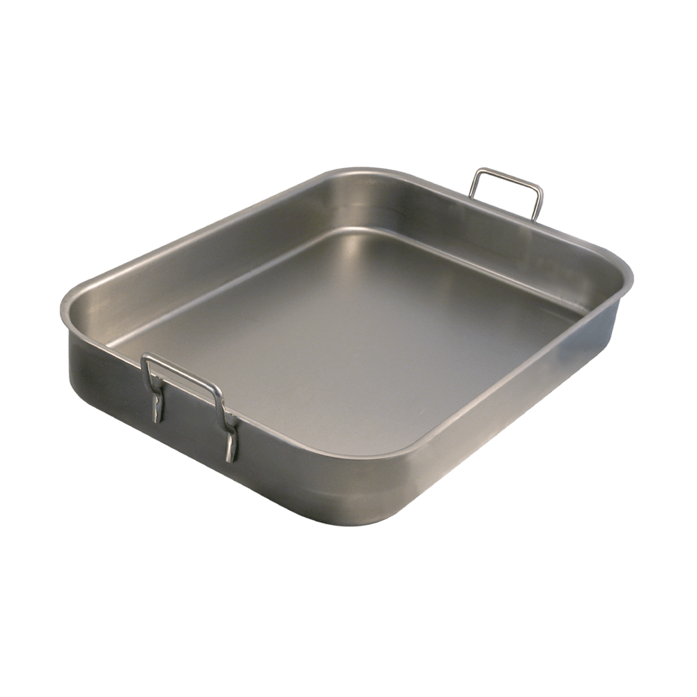 Bräter ideal für Familienfeste oder Backpartys Das Bild zeigt einen rechteckigen Bräter aus Edelstahl mit einer schlichten, funktionalen Optik. Der Bräter hat eine glatte, glänzende Oberfläche und ist mit zwei stabilen, hochstehenden Griffen an den kurzen Seiten ausgestattet.