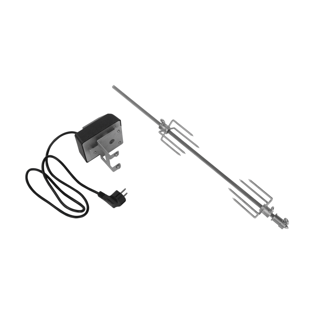 Grillspieß elektrisch Elektrischer Grillspieß zum Grillen von Hähnchen auf dem Pelletgrill, ohne Hintergrund.