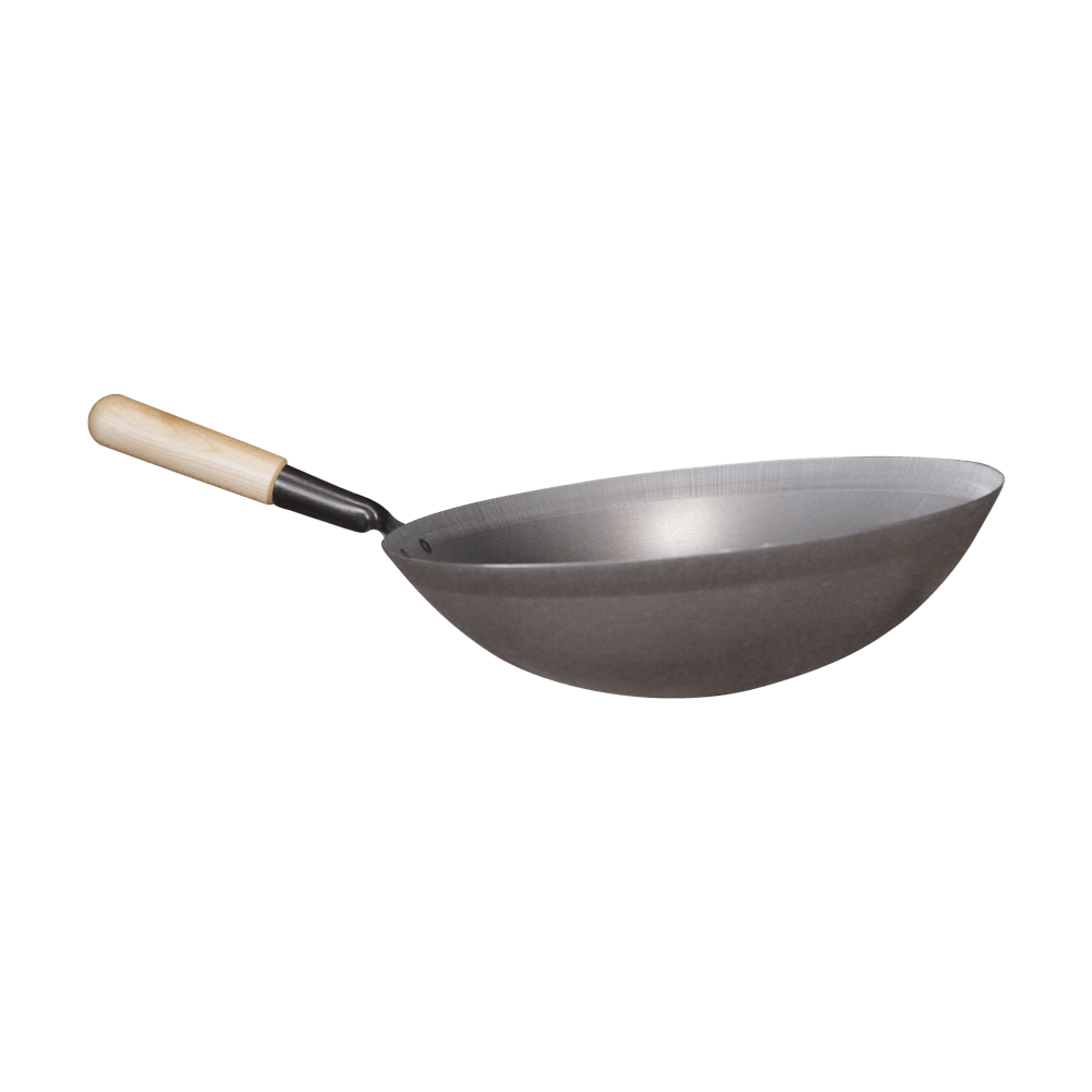 Wok aus Stahl mit praktischem Holzstiel ohne Hintergrund.