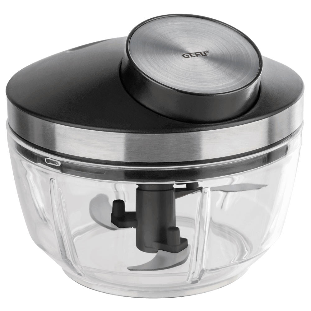 Multizerkleinerer Durchsichtige Plastikschüssel mit einem Plastikdeckel und Seilzugzugmechanismus, am Deckel ist ein zerkleinerer mit 3 Messern befestigt