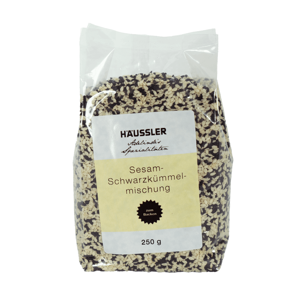 Sesam-Schwarzkümmelmischung Sesam-Schwarzkümmelmischung in transparenter 250 g Verpackung ohne Hintergrund.