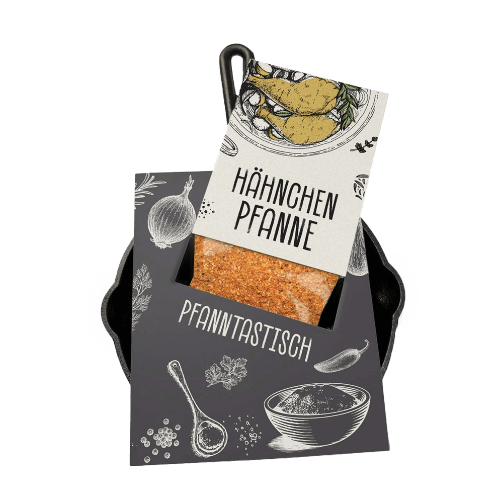 Gusspfanne mit Hähnchengewürz als Geschenk verpackt