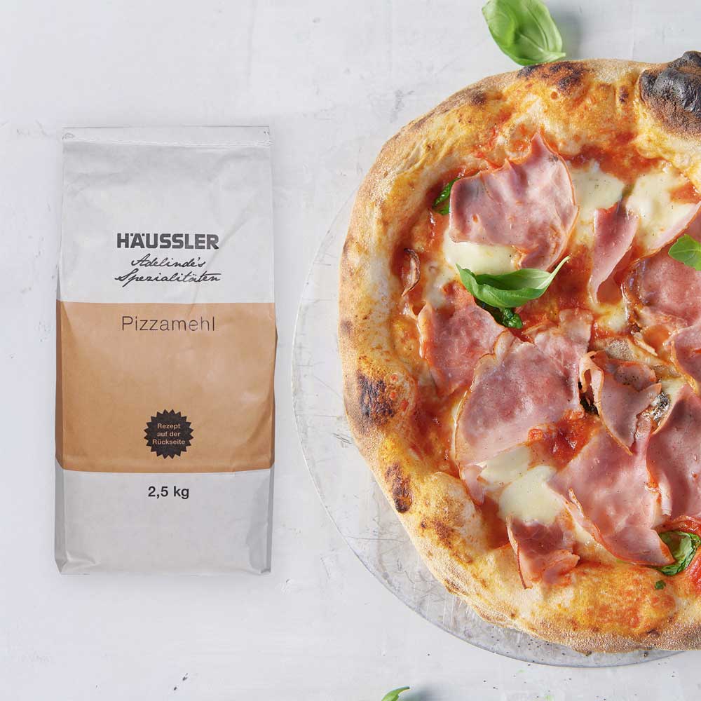 Luftig, lockere Pizza mit dem Häussler Pizzamehl gebacken Golgbraun gebackte Pizza auf einem Stein Untergrund