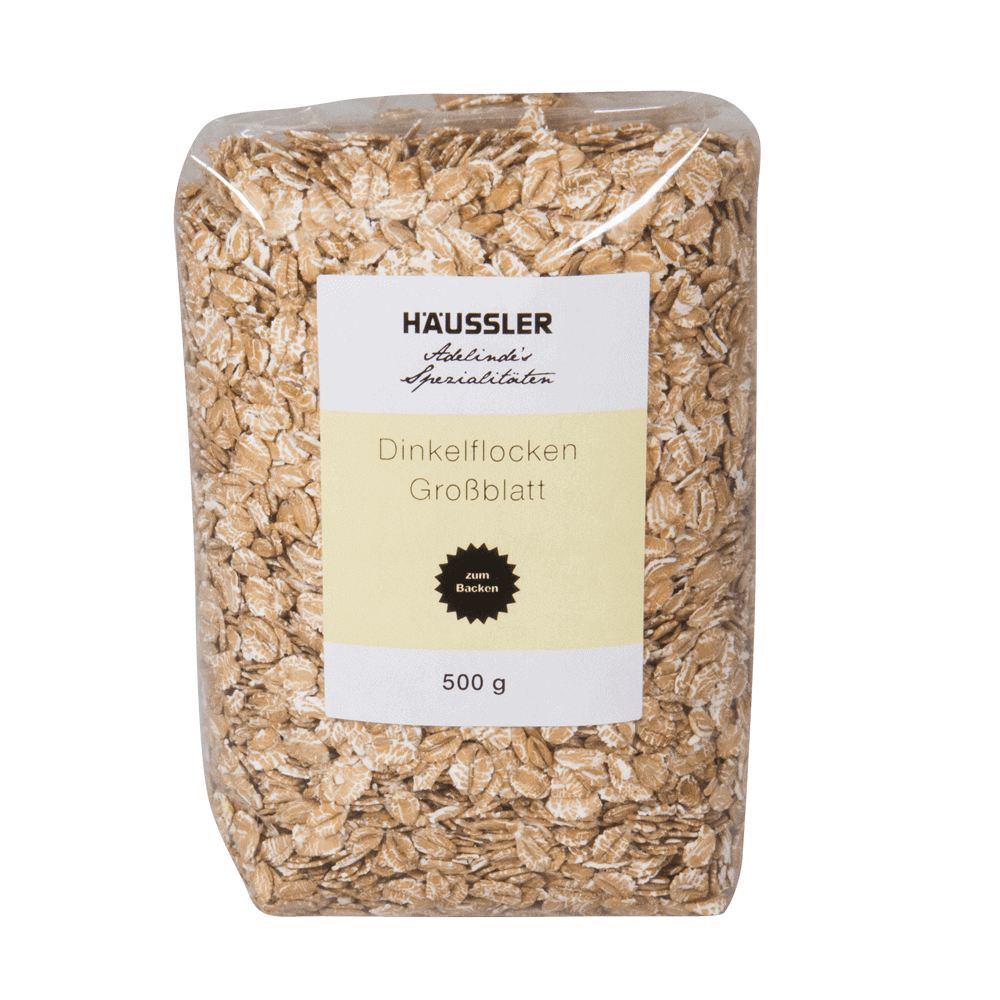 Kernige Dinkelflocken Großblatt Durchsichtige Verpackung mit 500g Dinkelflocken Grossblatt ohne Hintergrund.