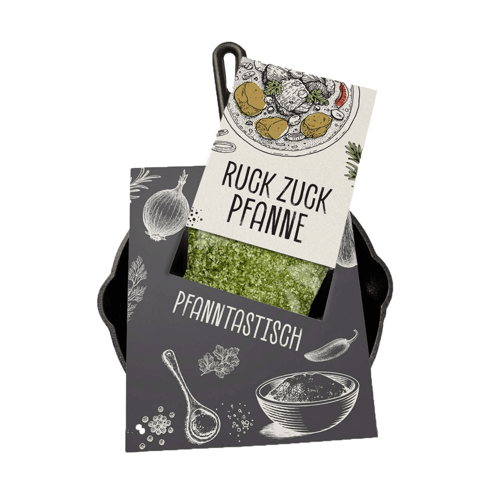 Gusspfanne mit Steakgewürz als Geschenk verpackt