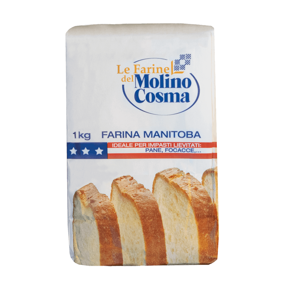 Manitobamehl 1kg Mehlpackung mit Aufschrift Le Farine del Molino Cosma 1kg Farina Manitoba. Ideale per Impasti Lievitat, Pane, Focacce,.. Unter der Schrift sind aufgeschnittene Brotscheiben zu sehen.
