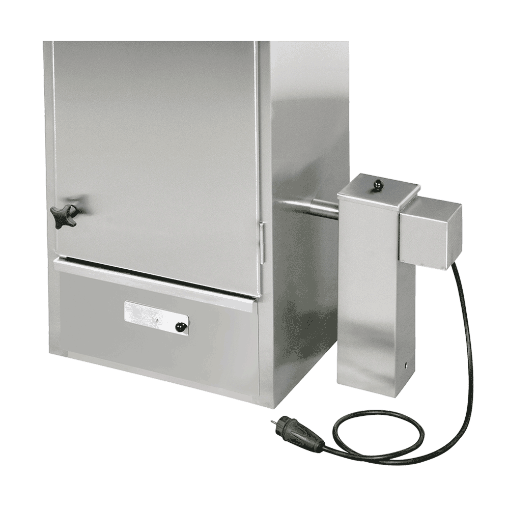 Raucherzeuger an einen Räucherschrank angebaut, ohne Hintergrund.