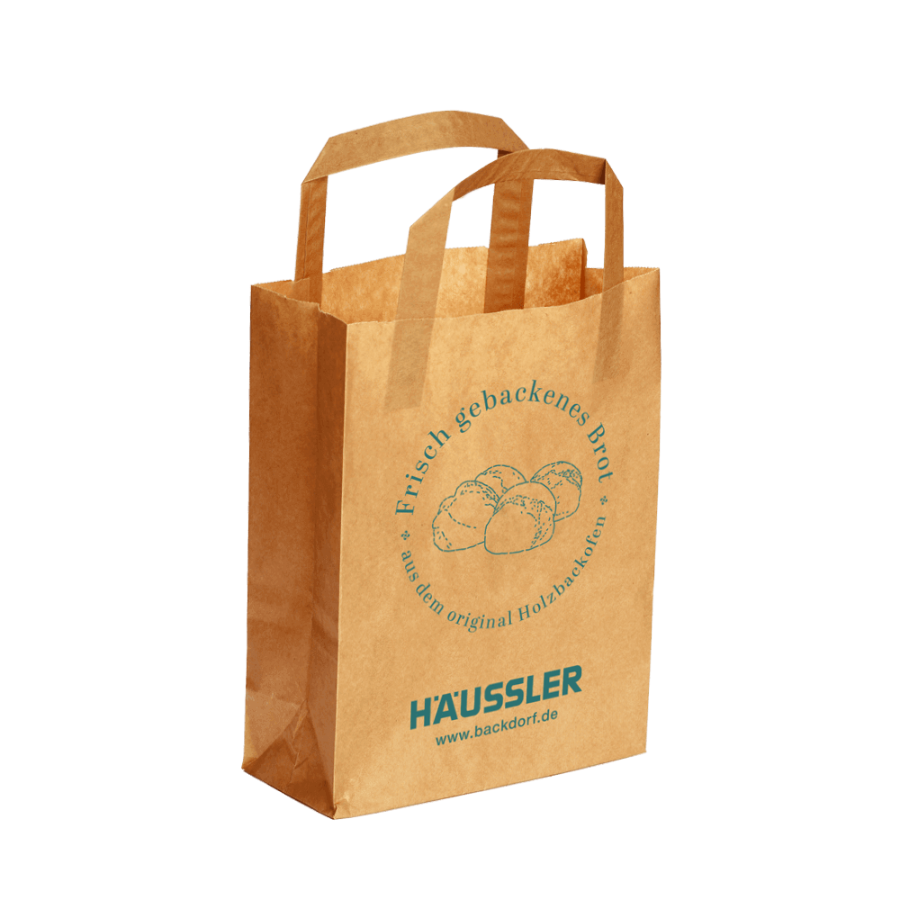 Eine braune Papiertüte im 10er Pack mit grüner Häussler Aufschrift und Brot Aufdruck