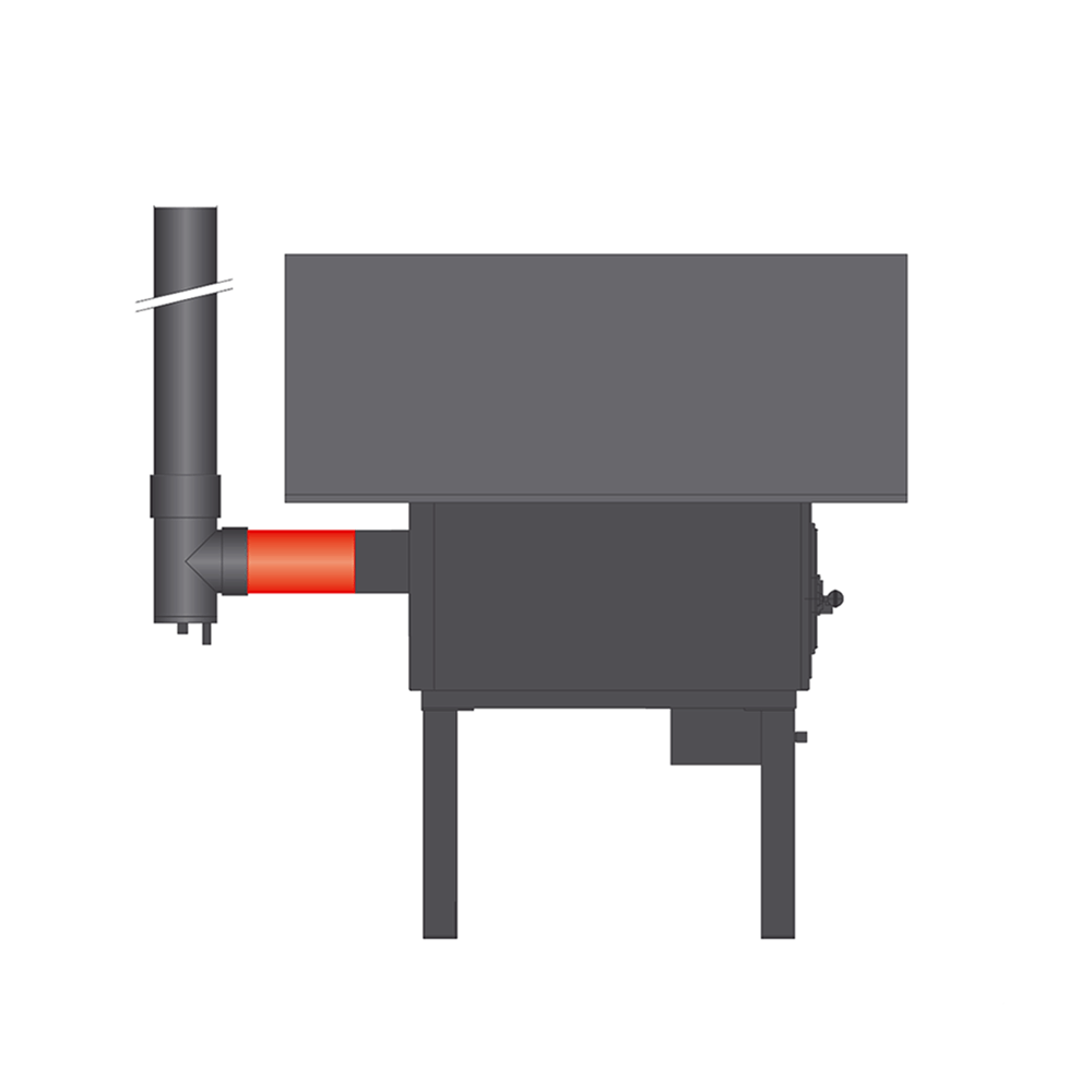 Distanzstück für Holzbackofen Zeichung eines Holzbackofens mit Rauchrohr. Das betreffende Rauchrohr ist rot markiert.