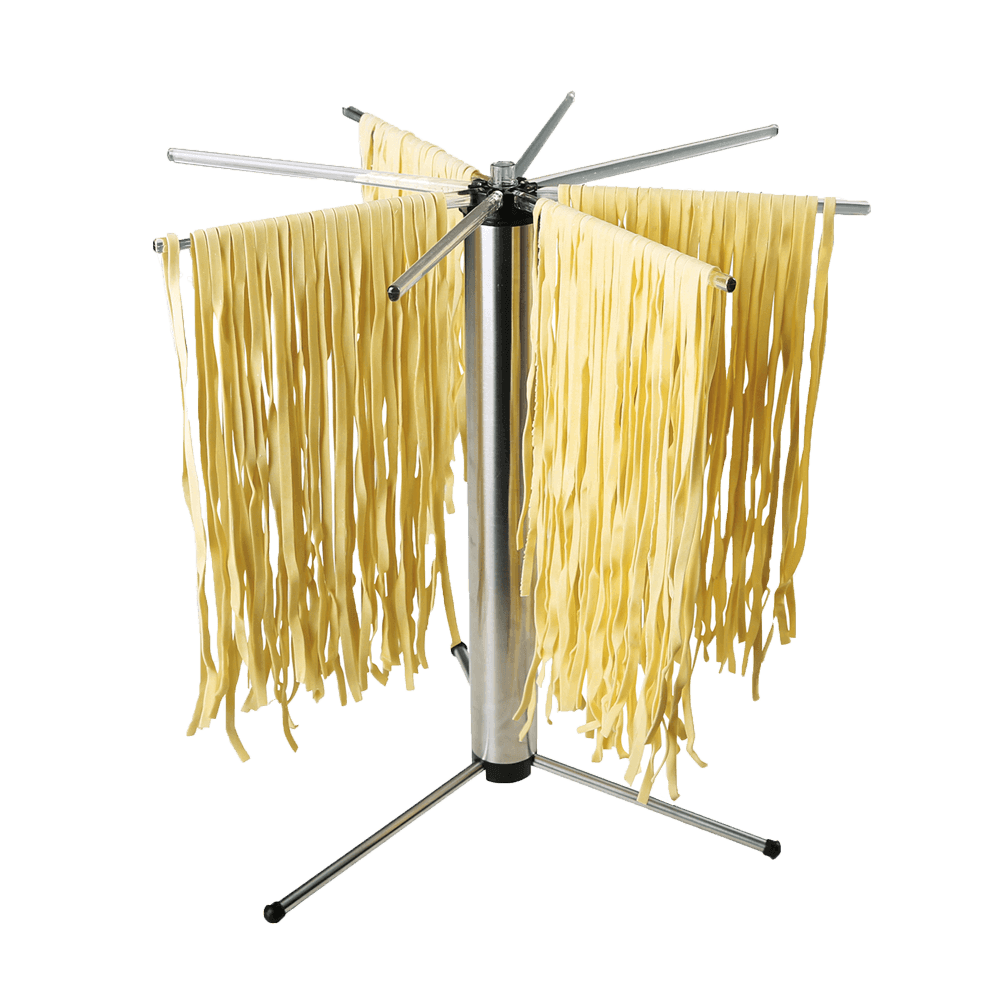 Auf dem Bild befindet sich ein Nudeltrockner aus Edelstahl. Dieser ist ausklappbar und hat dann 8 Arme aus Edelstahl an denen man die frischen Nudeln zum trocknen aufhängen kann.