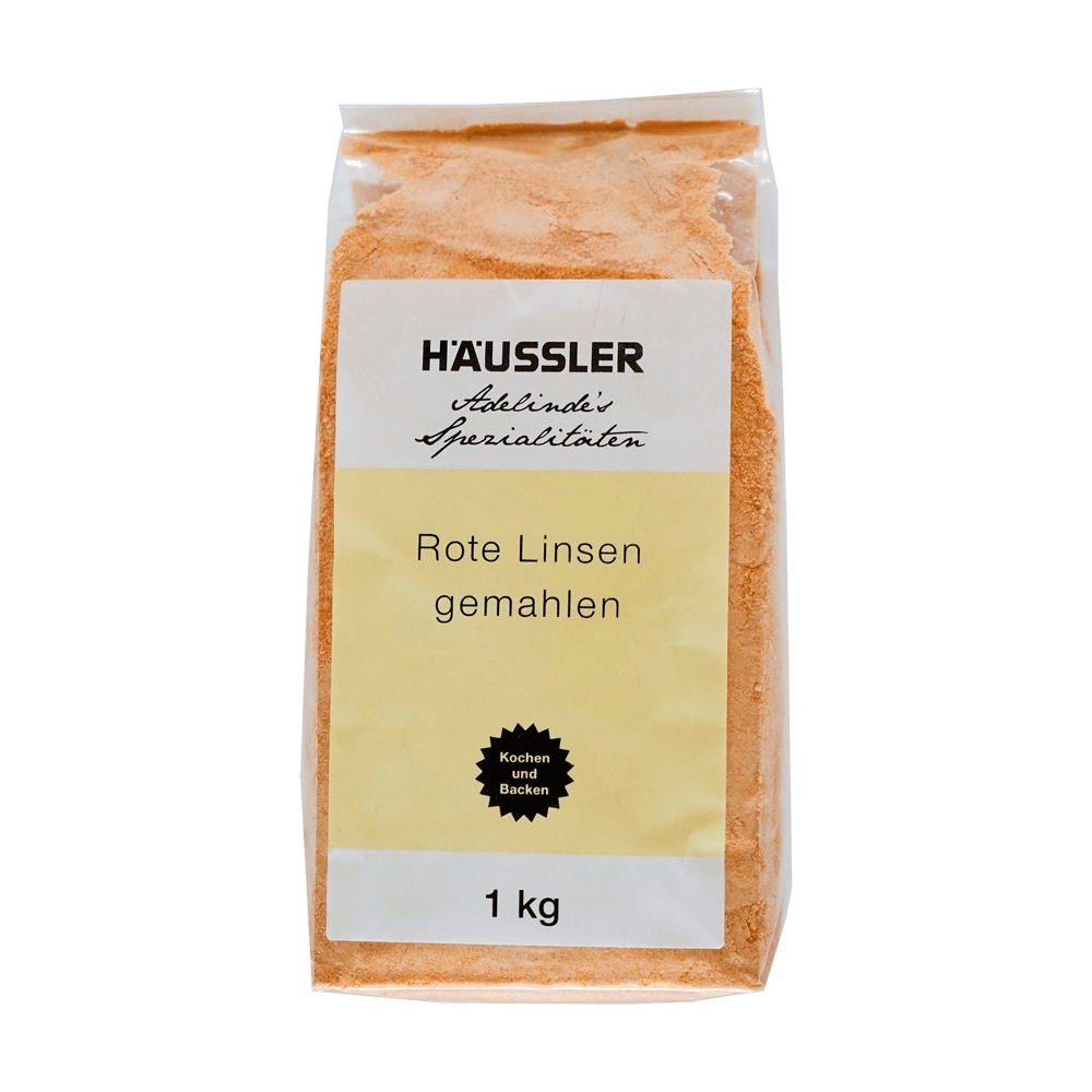 gemahlene rote Linsen mit gelbem Etikett