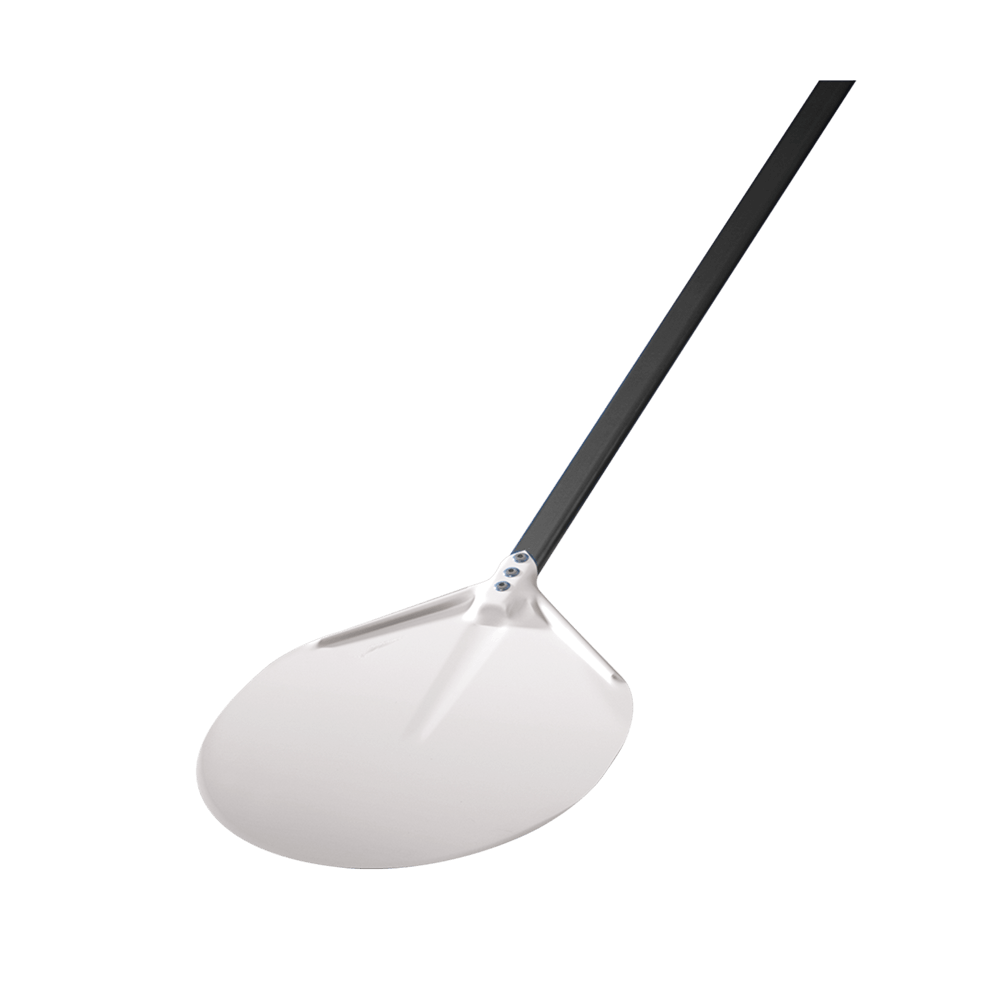 Pizzaschieber aus Aluminium mit langem schwarzen Stiel, Form: rund