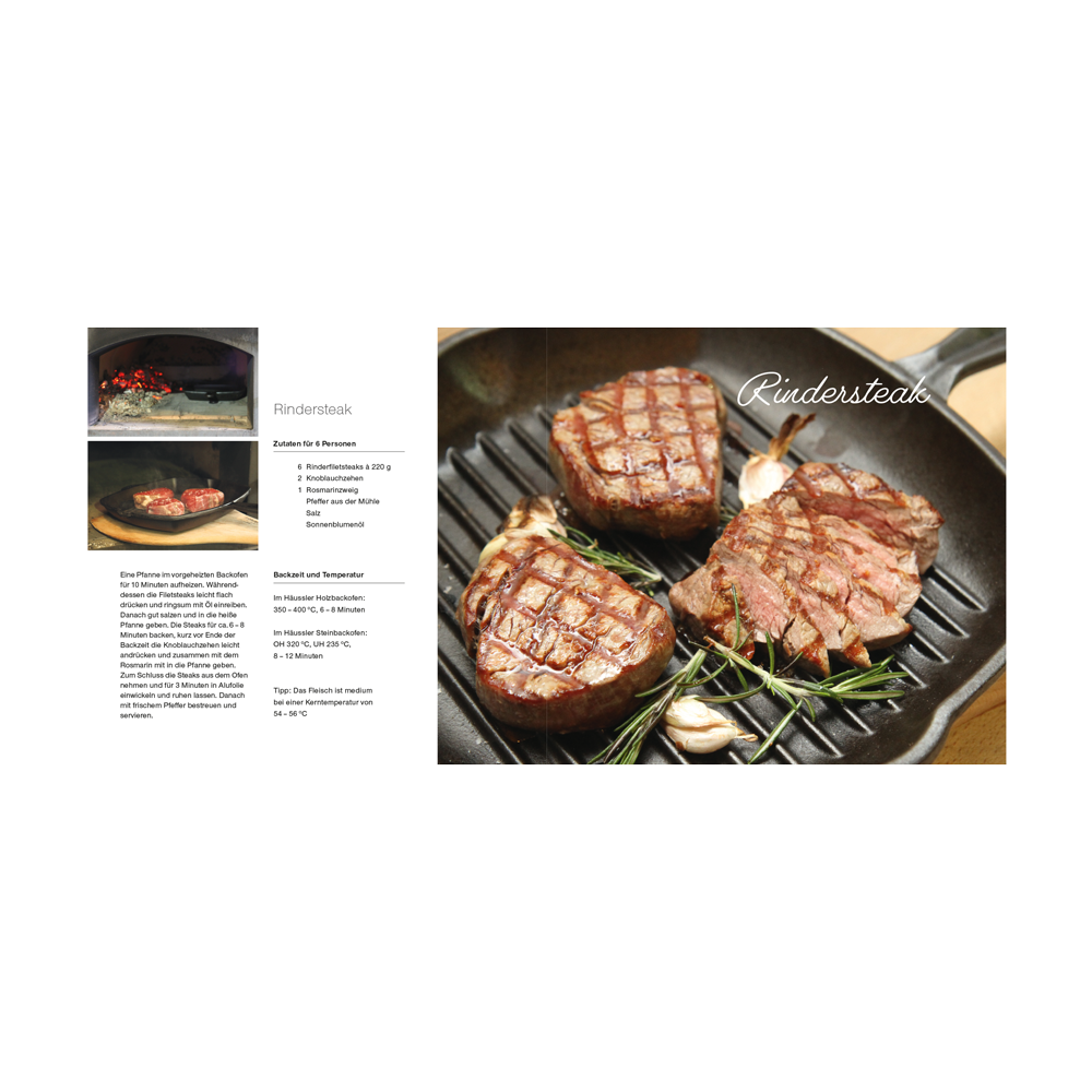 Rezept-Auszug eines Rezeptes aus dem Häusslerbuch: Fleisch aus dem Häussler Backofen. Darauf abgebildet sind Fleischstücke in einer Pfanne