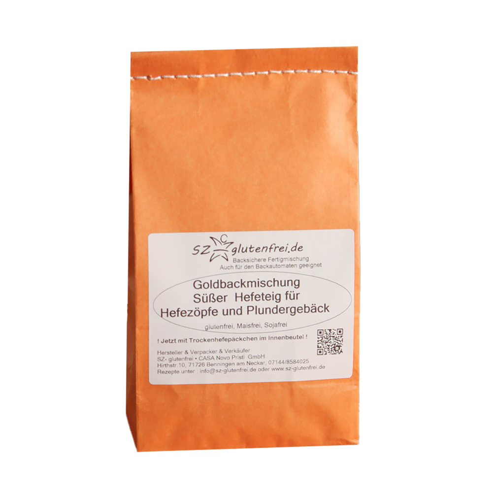 Glutenfreie Backmischung für süßen Hefeteig in orangener Papierverpackung ohne Hintergrund.