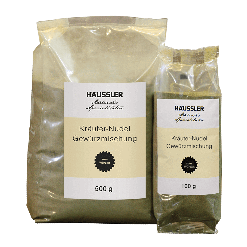 Durchsichtige Verpackung mit Aaufschrift Kräuter - Nudel Gewürzmischung 500 Gramm + 100 Gramm