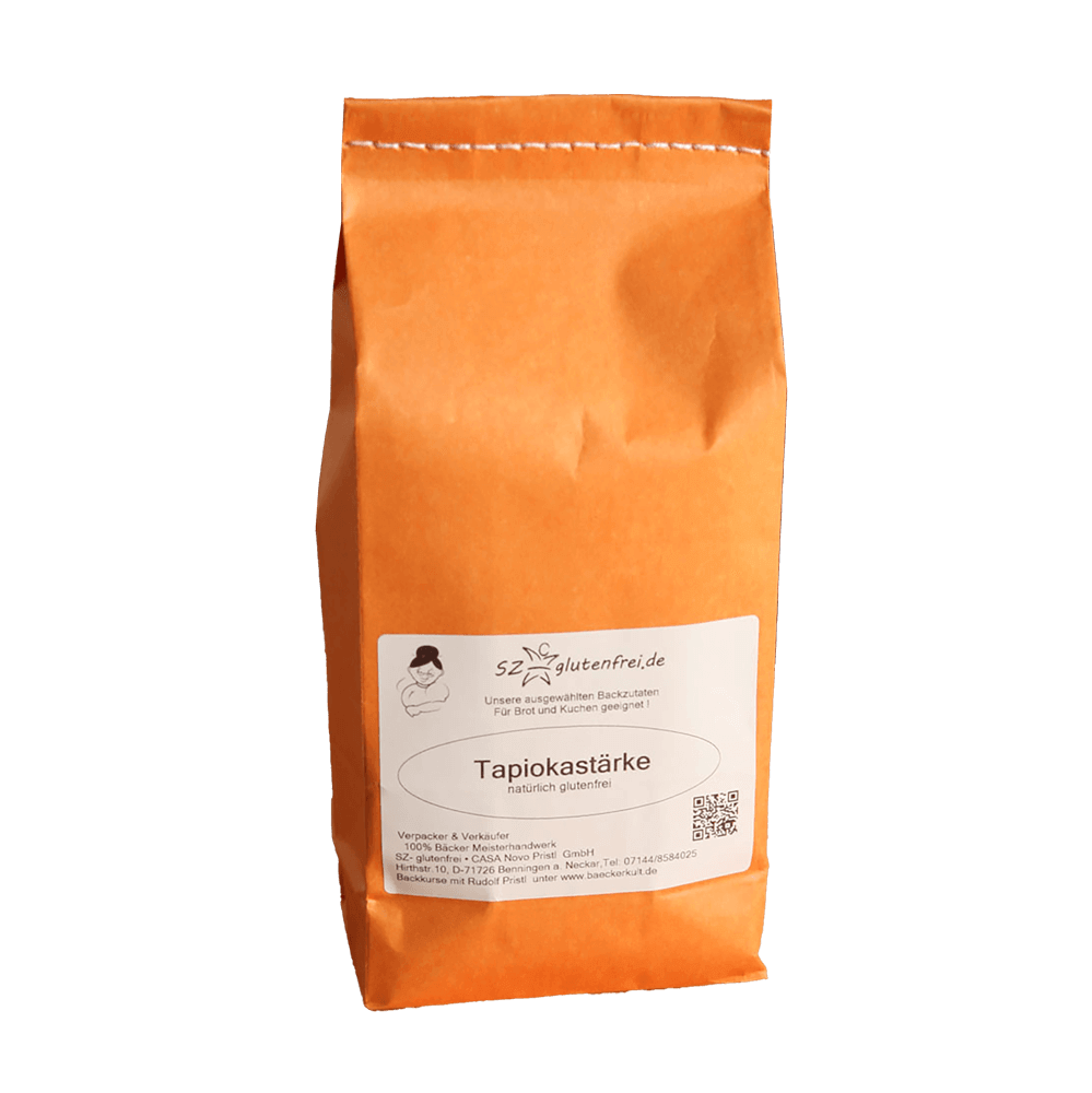 Glutenfreie Tapiokastärke in einer orangenen Papierverpackung ohne Hintergrund.