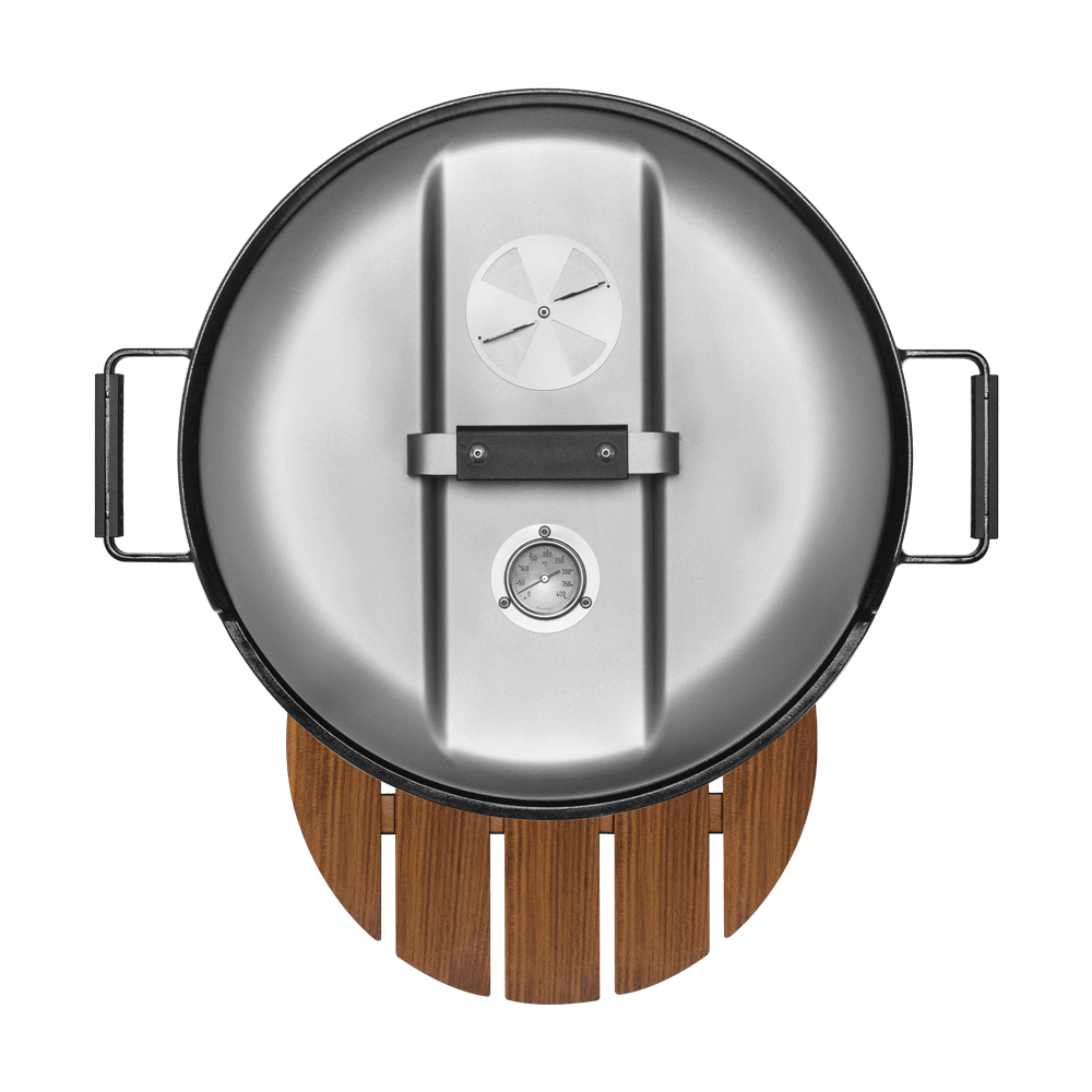 Grilldeckel Grilldeckel von oben, sodass das Thermometer und die Belüftung ersichtlich sind, mit angebautem Ablagetisch ohne Hintergrund.
