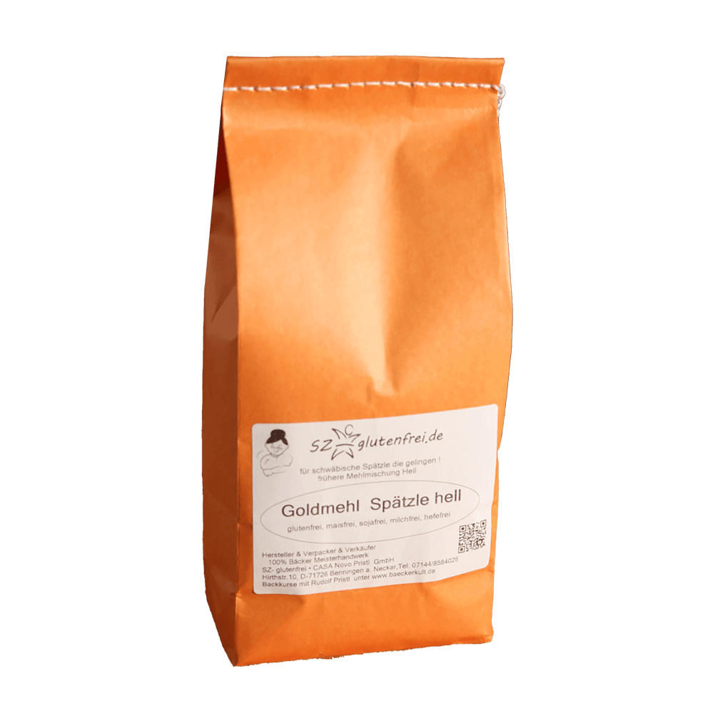 Glutenfreie Backmischung für Spätzle in orangener Papierverpackung ohne Hintergrund.