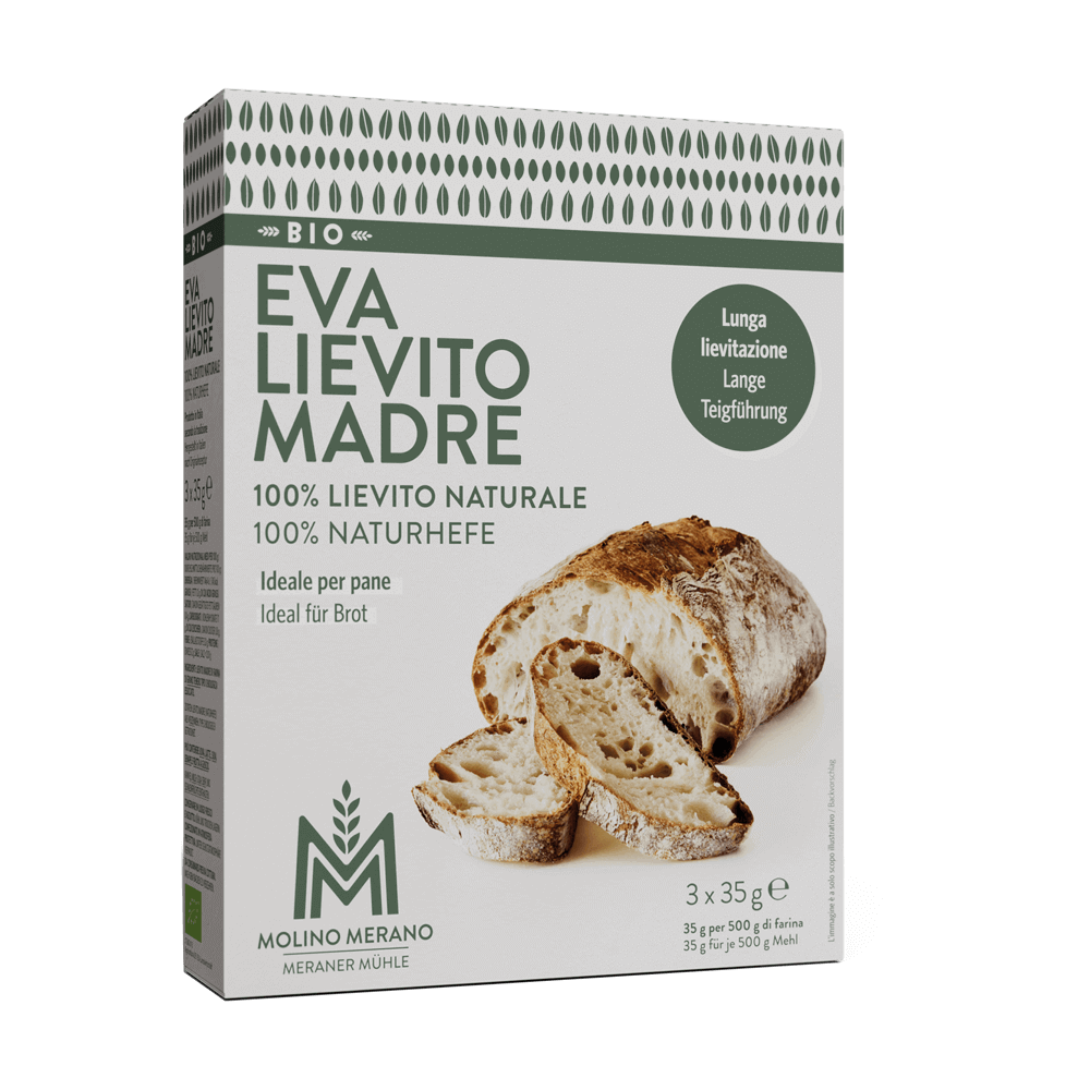 Eva Lievito Madre Naturhefe Verpackung mit frischem Brot darauf