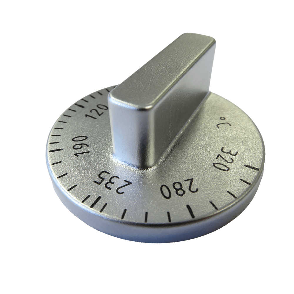 Silberner Drehgriff mit einer Temperaturskala von bis zu 320 Grad für die Elektrosteinbacköfen INO.