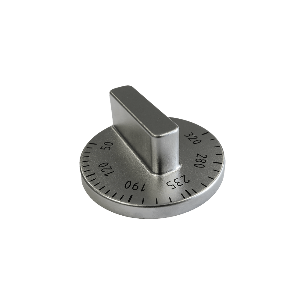 Silberner Drehgriff mit einer Temperaturskala für die Elektrobacköfen Primus und Master.