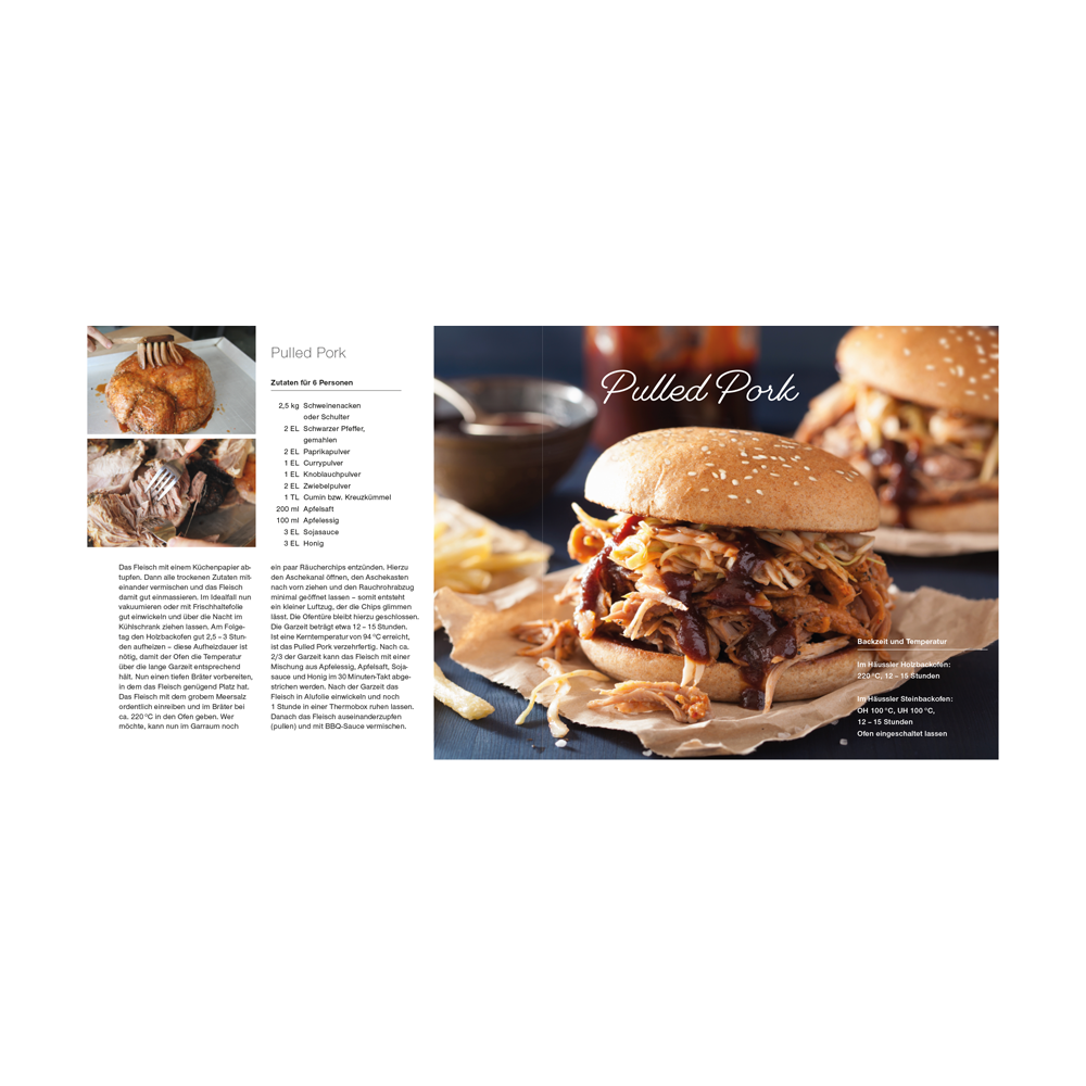 Häussler-Buch: Fleisch aus dem Häussler Backofen Rezept-Auszug des Häussler-Buches: Fleisch aus dem Häussler Backofen. Abgebildet ist ein PulledPork Burger