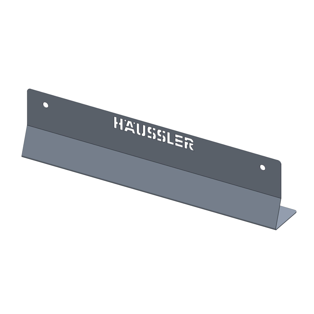 Prallblech für den Holzbackofen Technische Zeichnung des aus Edelstahl gefertigten Prallblechs. In der Mitte ist das Häussler-Logo zu sehen.