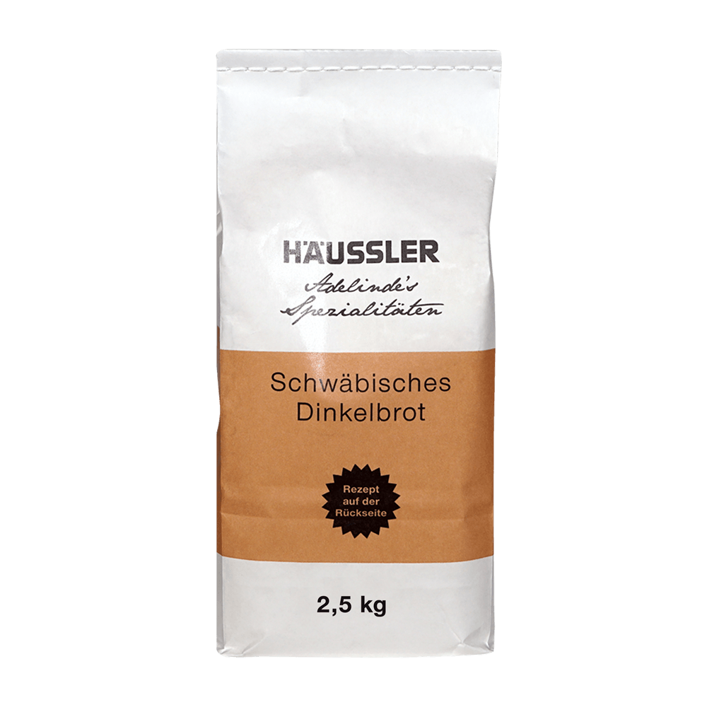 Schwäbisches Dinkelbrot 2,5 kg Weiß-braune Verpackung mit Aufschrift: Schwäbisches Dinkelbrot 2,5 Kilogramm