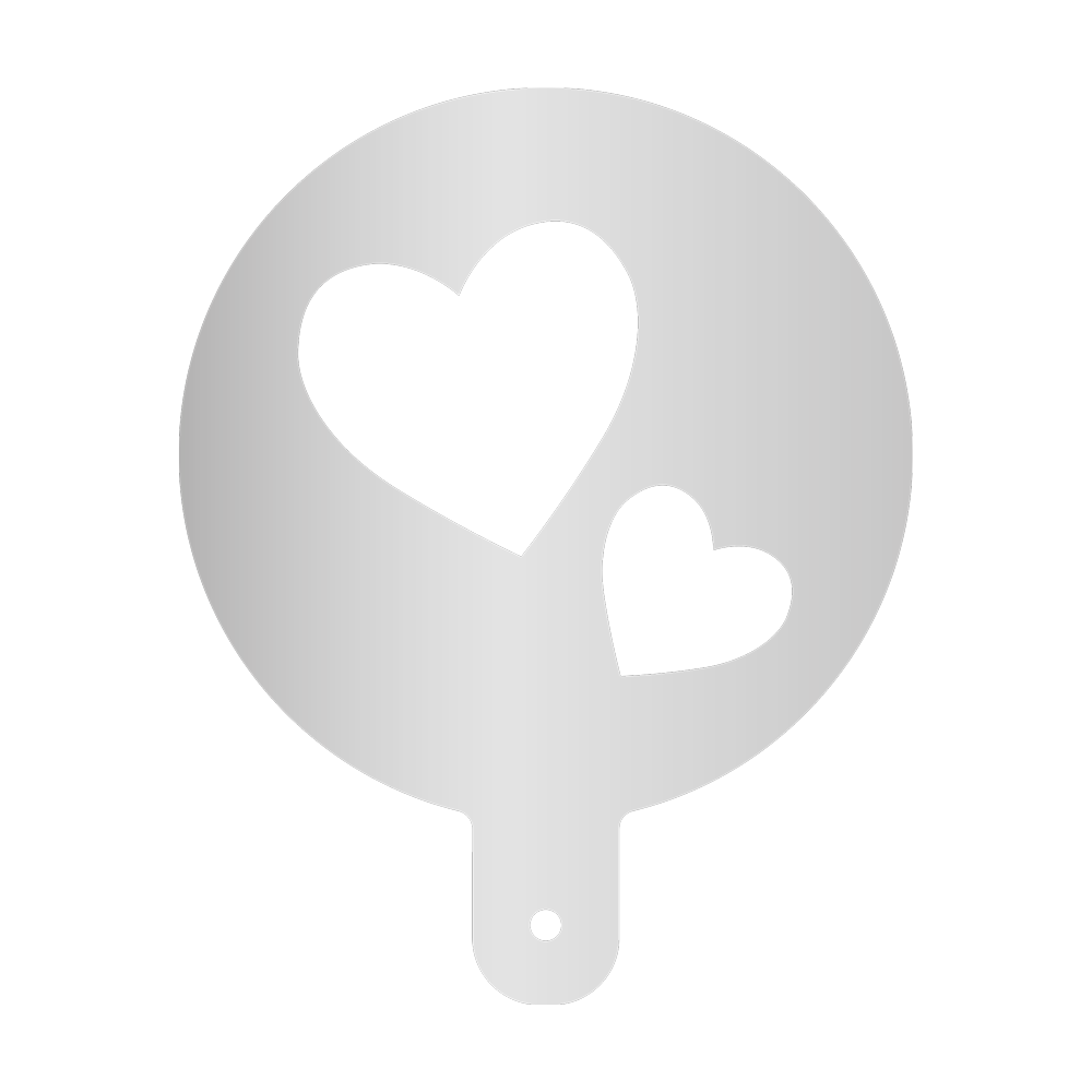 Mehlschablone Herzen Runde Mehlschablone mit Griffstück mit einem Ausschnitt in der Mitte in Form von zwei Herzen. Ohne Hintergrundbild.