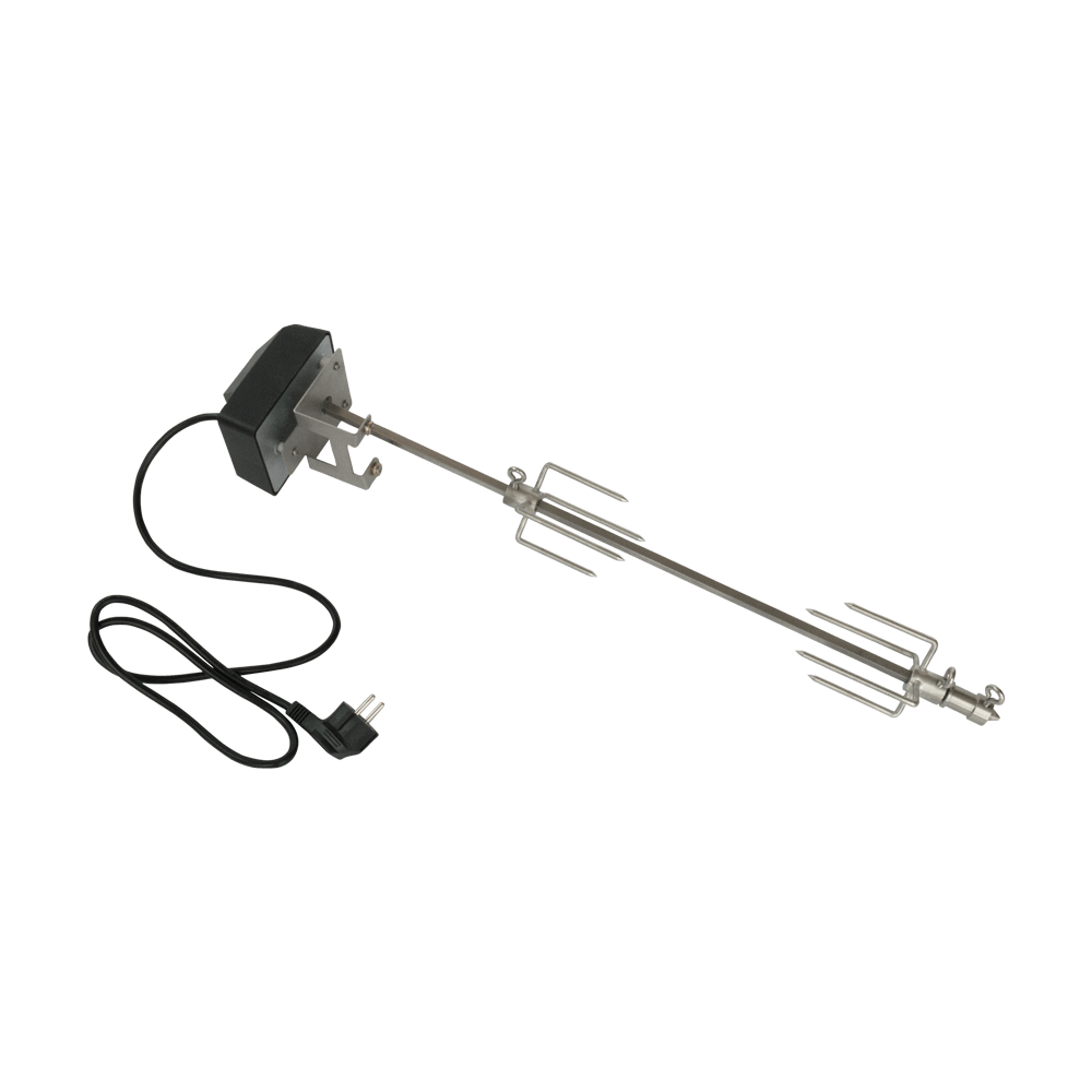 Grillspieß elektrisch Elektrischer Grillspieß zum Grillen von Hähnchen auf dem Pelletgrill, ohne Hintergrund.