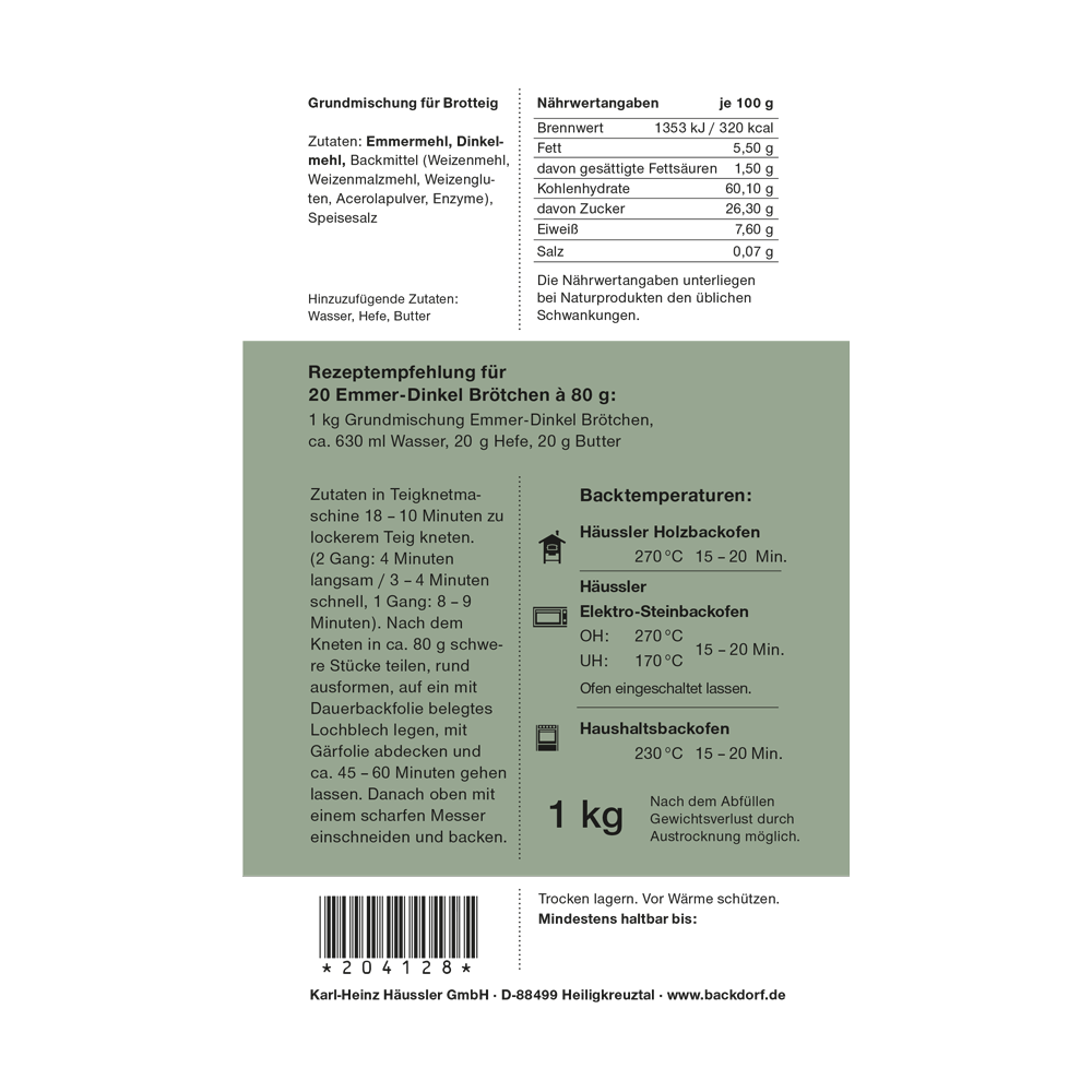 Weiße Verpackung mit grünem Aufkleber: Mehl-Geschenk: Schön, dass es dich gibt (Emmer-Dinkelbrötchen)