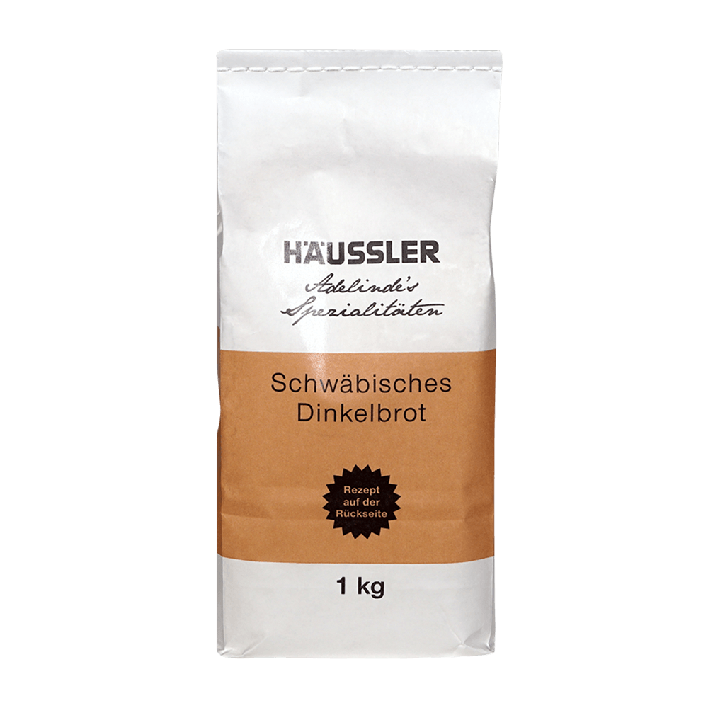 Weiß-braune Verpackung mit Aufschrift: Schwäbisches Dinkelbrot 1 Kilogramm