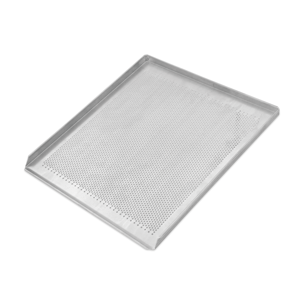 Lochblech perforiertes Backblech mit den Maßen 35x38cm, an 3 Seiten ist ein Rand mit 1,5cm Höhe und eine Seite ist geöffnet