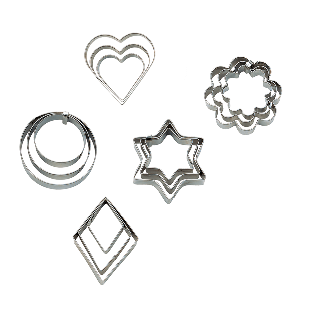 Fünf verschiedene Terrassenausstecherformen aus Edelstahl: Herz, Rosette, Ring glatt, Rhombus, Stern